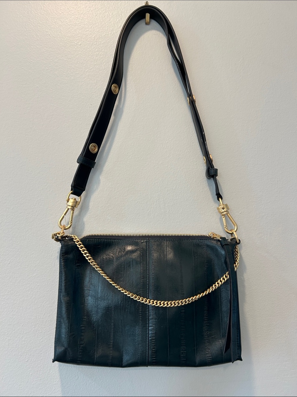 AllSaints Forest Green Leather Shoulder Bag with Gold Chain Strap W/ Dust Bag